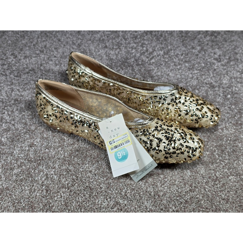 A New Day Sammie Sequin Ballet Flats Champagne Gold Mesh Sparkle Shoes 9.5 NEW